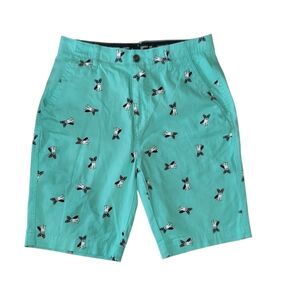 Plugg Green Flat Front Shorts with French Bulldog in Shades